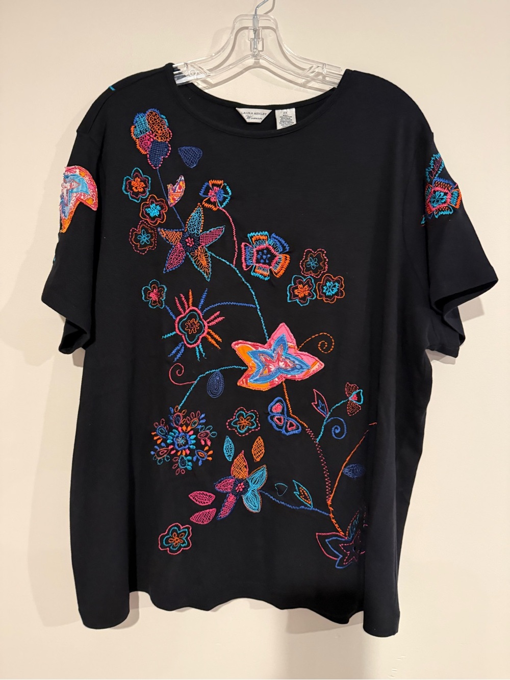 Laura Ashley Black Short-Sleeve Tee with Multicolor Embroidery